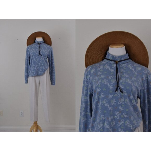 Vintage 00s Blue Paisley Floral Turtle Neck Cotton/Poly shirt | size XL - Picture 1 of 10